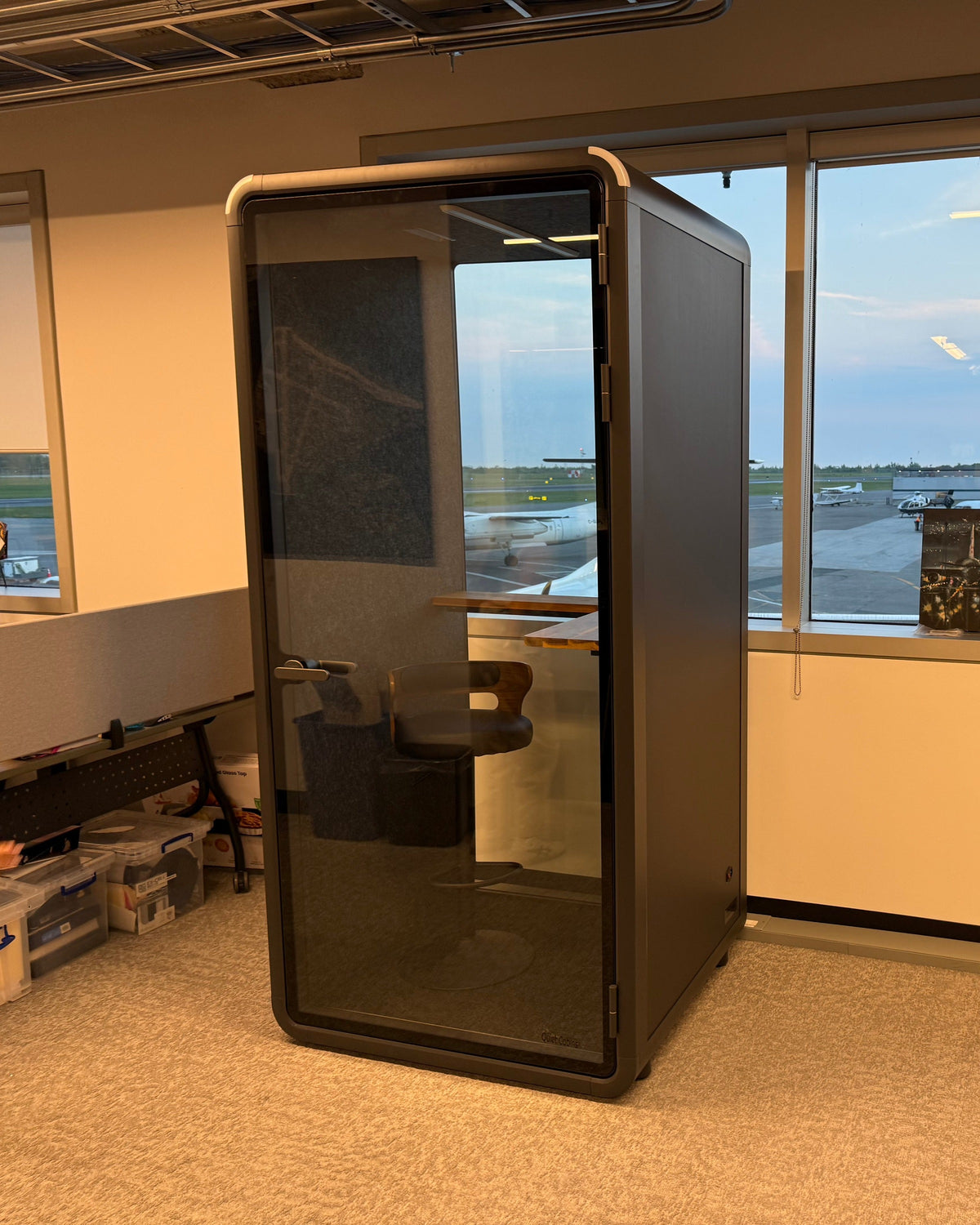 Single Work Booth in a waterfront corner office. No wall needed behind it ::real