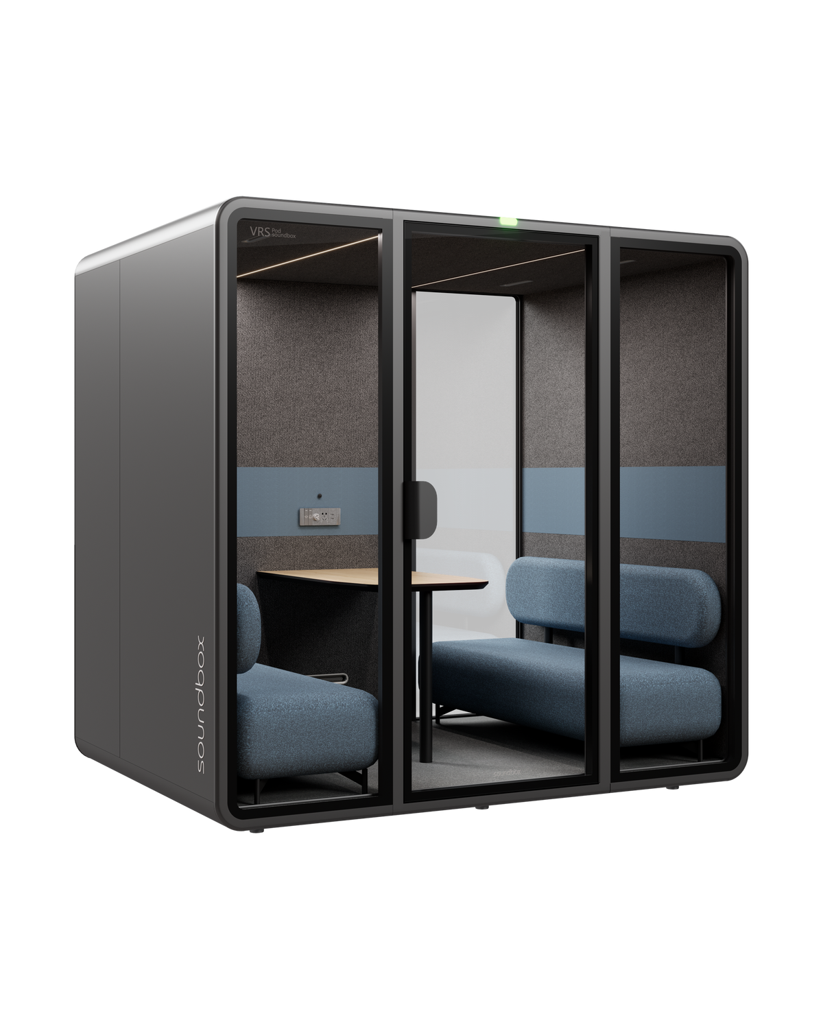 SoundBox VRS Collaborative meeting pod: graphite shell, three glass front panels with a wide centre door, dusty blue sofas and an oak table inside