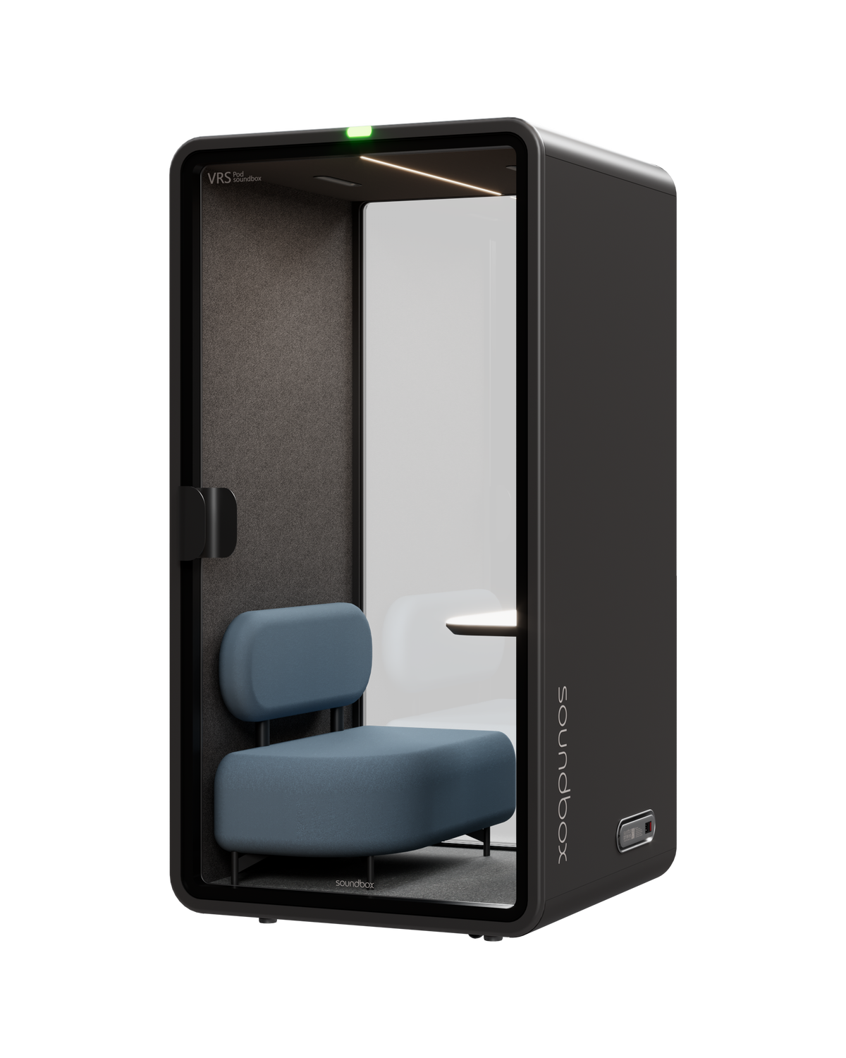 SoundBox VRS Single Comfort pod: graphite shell, full-height glass door, dusty blue lounge armchair inside