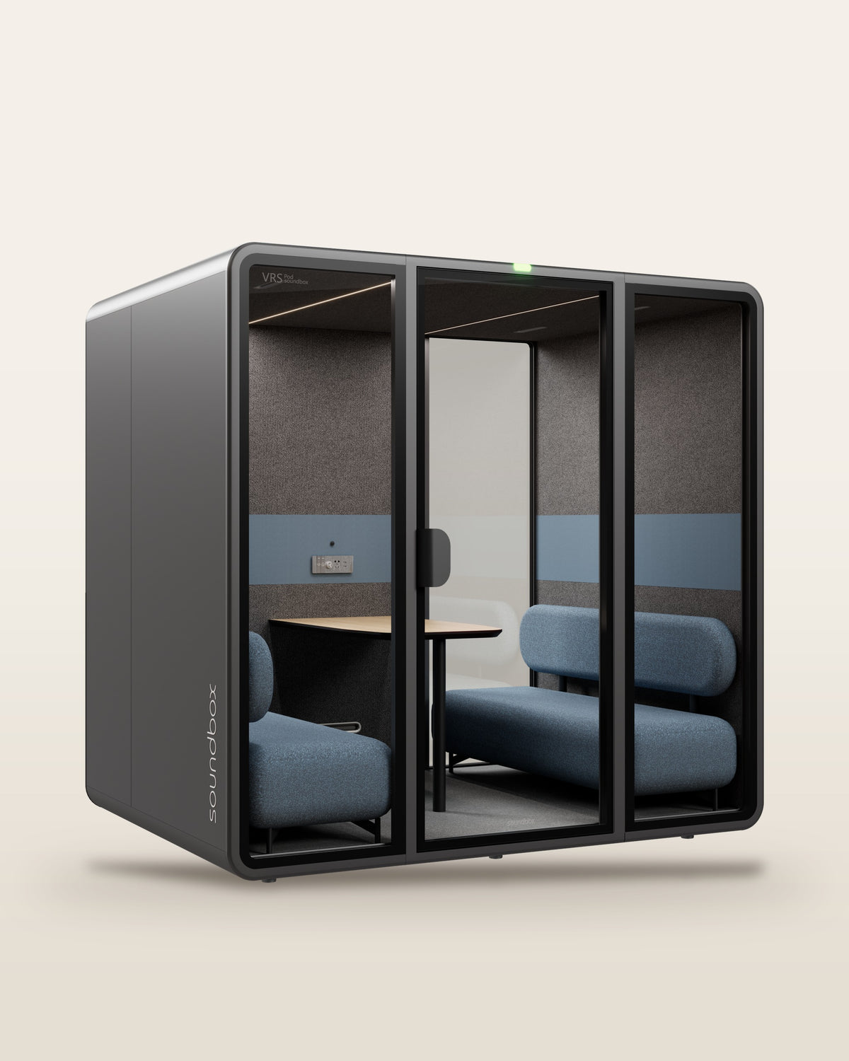 SoundBox VRS Collaborative meeting pod: graphite shell, three glass front panels with a wide centre door, two dusty blue sofas and an oak table inside