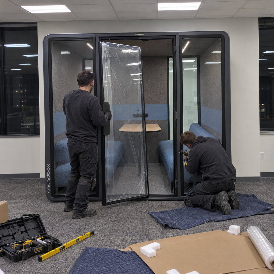Two installers hanging the glass door on a Soundbox VRS Collaborative, protective film still on the glass