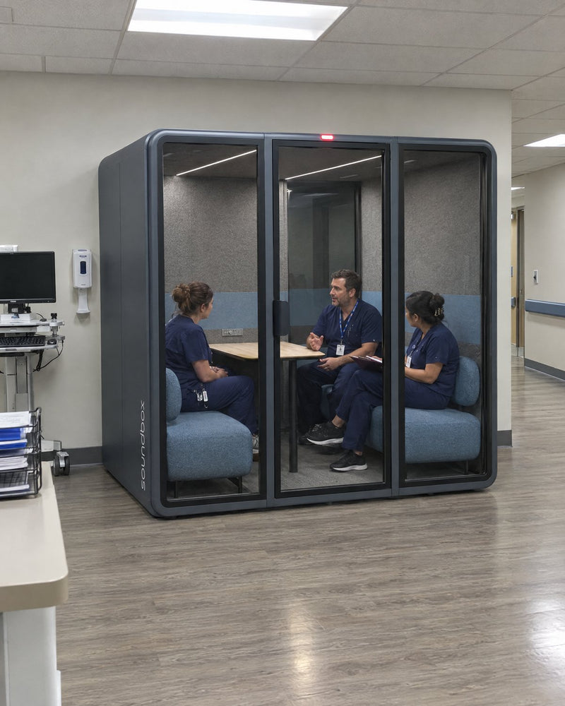 Soundbox VRS Collaborative in a hospital staff area, a shift huddle inside