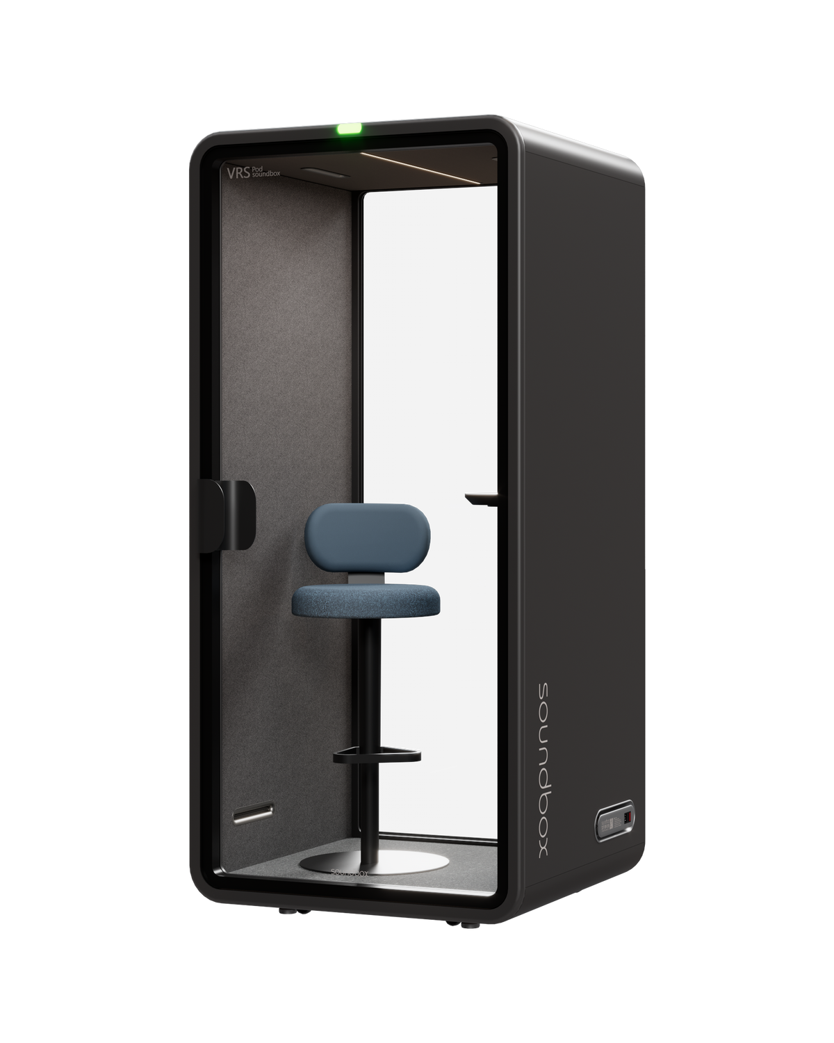 SoundBox VRS Single office pod, front three-quarter view, graphite shell with glass door, blue stool and desk shelf