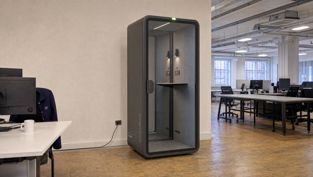 SoundBox VRS pod against an office wall with the door closed