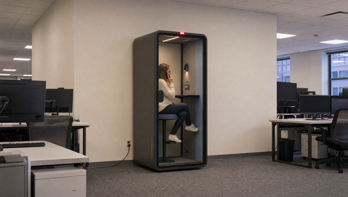 SoundBox VRS pod in an open office with its red occupancy light on while someone takes a call inside