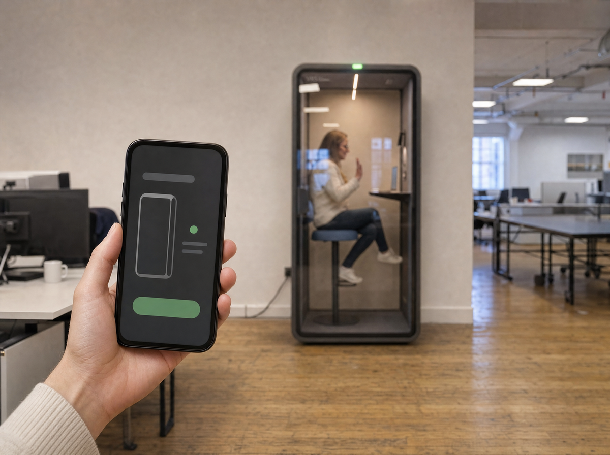 Booking app on a phone with an available SoundBox VRS pod in the office behind