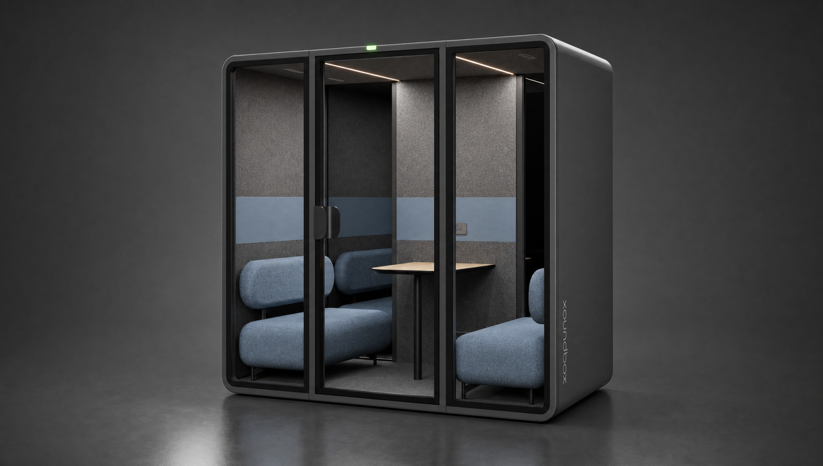 SoundBox VRS Double meeting pod studio shot with two blue sofas and a table