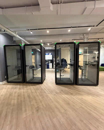 Four Single Work Booths in a row on one office floor. What a rollout looks like once they are in ::real