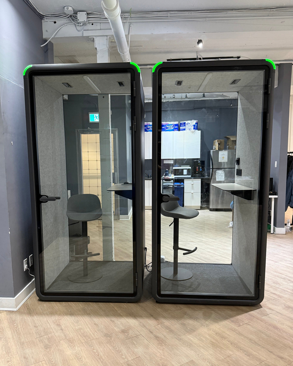 A pair of Single Work Booths side by side. Each one seats one person with a stool and a shelf ::real