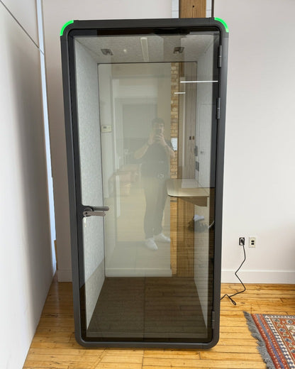 Single Work Booth installed in a converted loft office. A power cord to the nearest outlet is the whole install ::real