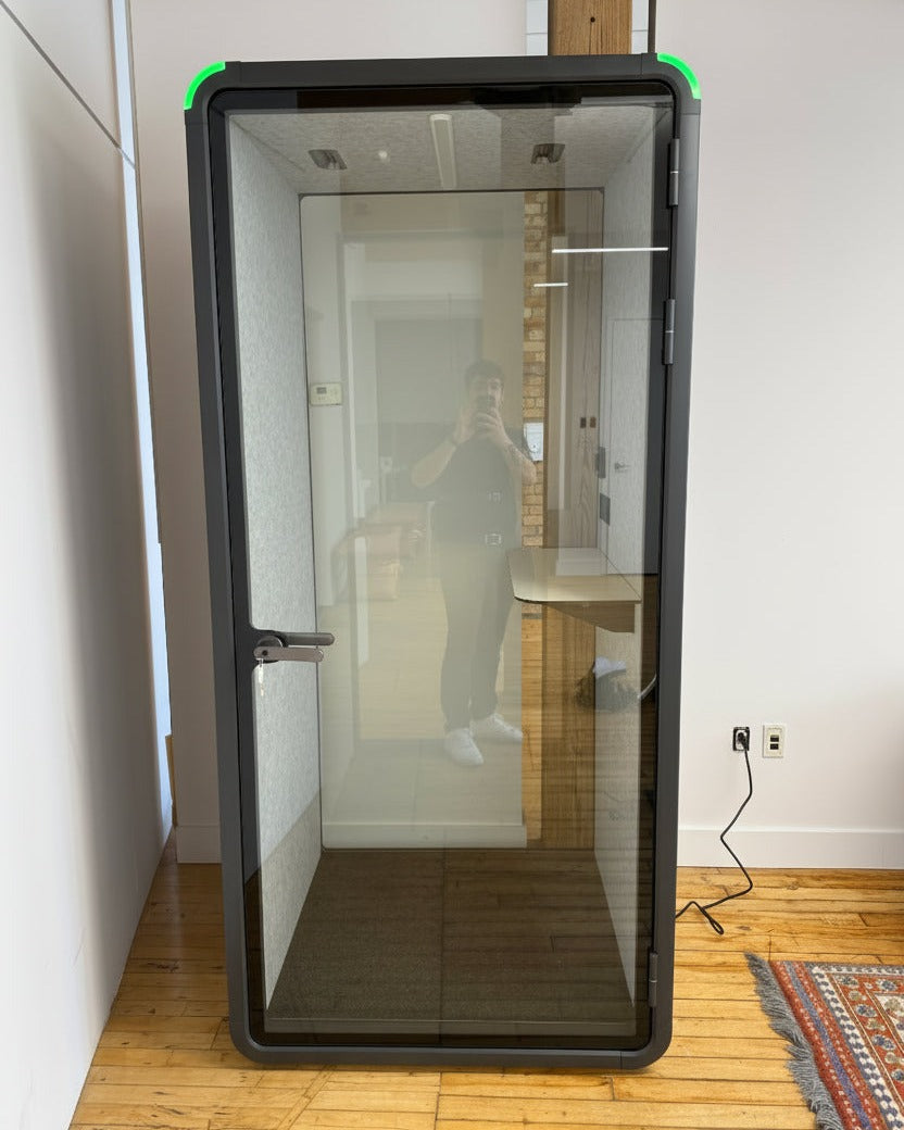 Single Work Booth installed in a converted loft office. A power cord to the nearest outlet is the whole install ::real