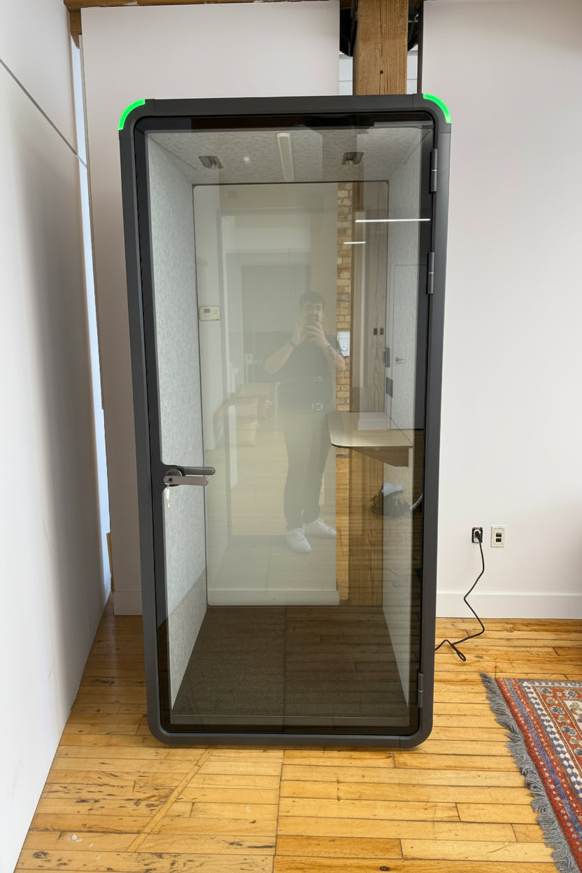 Single Work Booth installed in a converted loft office. A power cord to the nearest outlet is the whole install ::real