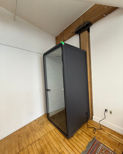 The same loft office with the booth door open. Nothing was built and nothing was bolted to the wall ::real