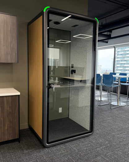 Single Work Booth beside the office kitchenette, a few steps from the bar seating ::real