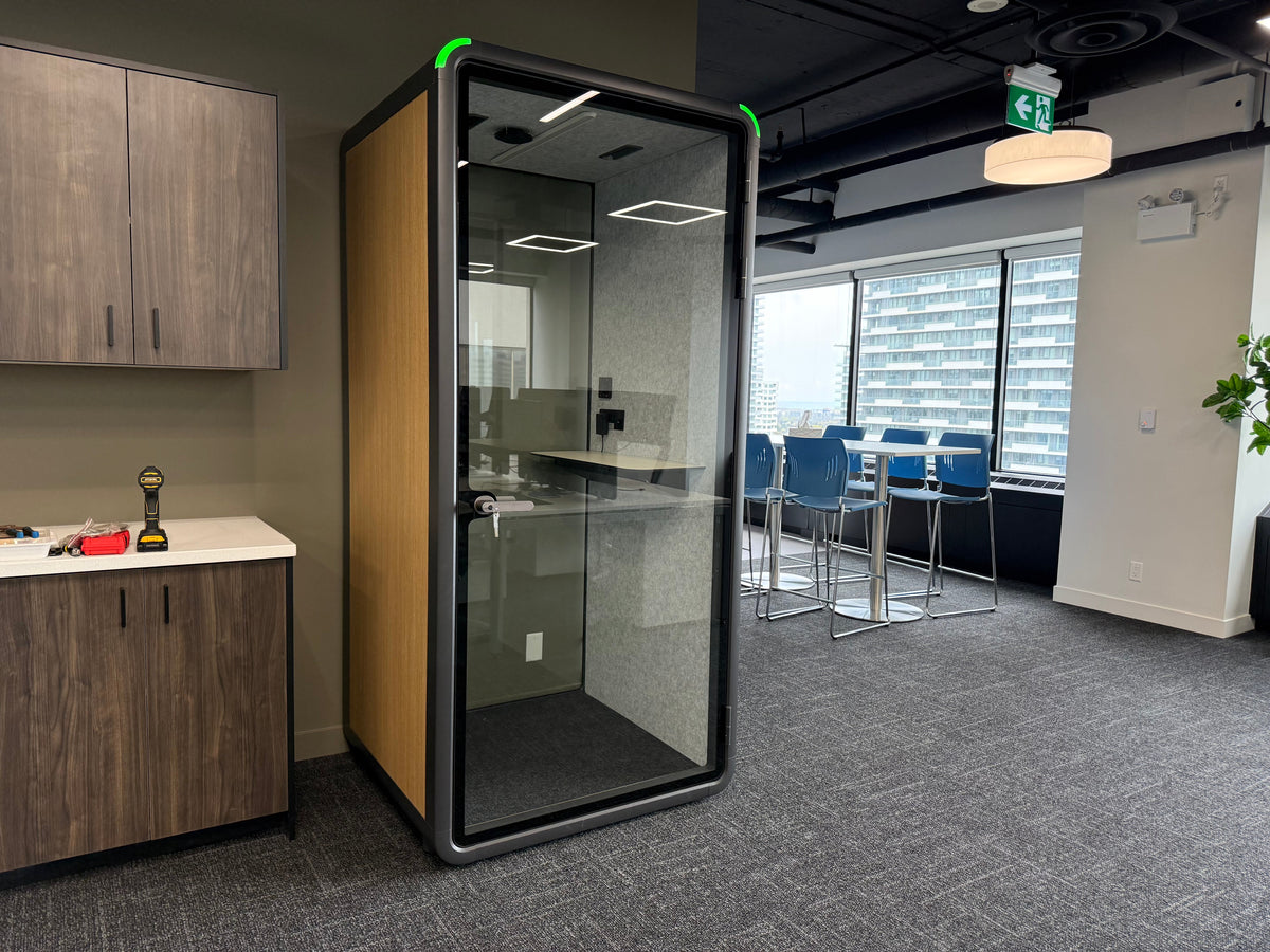 Single Work Booth beside the office kitchenette, a few steps from the bar seating ::real