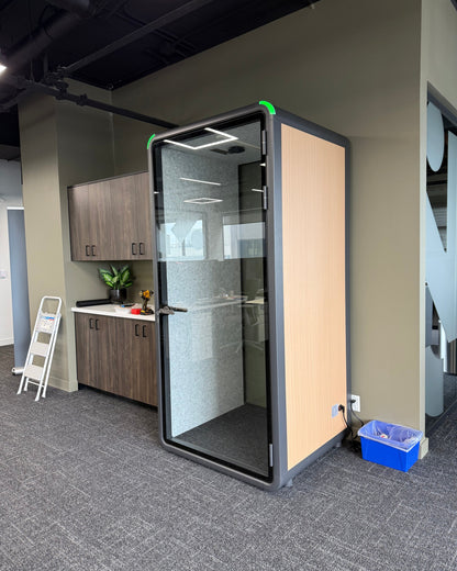 Single Work Booth with the door open, showing the felt interior and the wood side panel ::inside