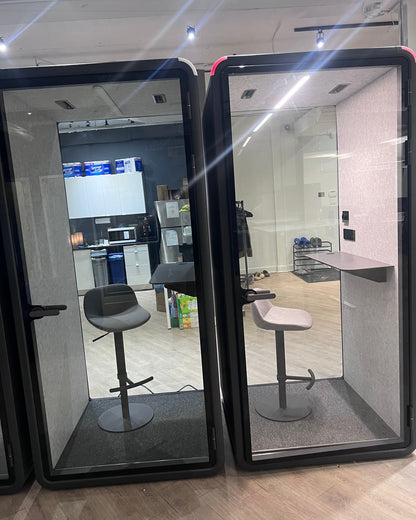 Two Single Work Booths side by side with the interiors visible, stool and desk shelf in each ::inside