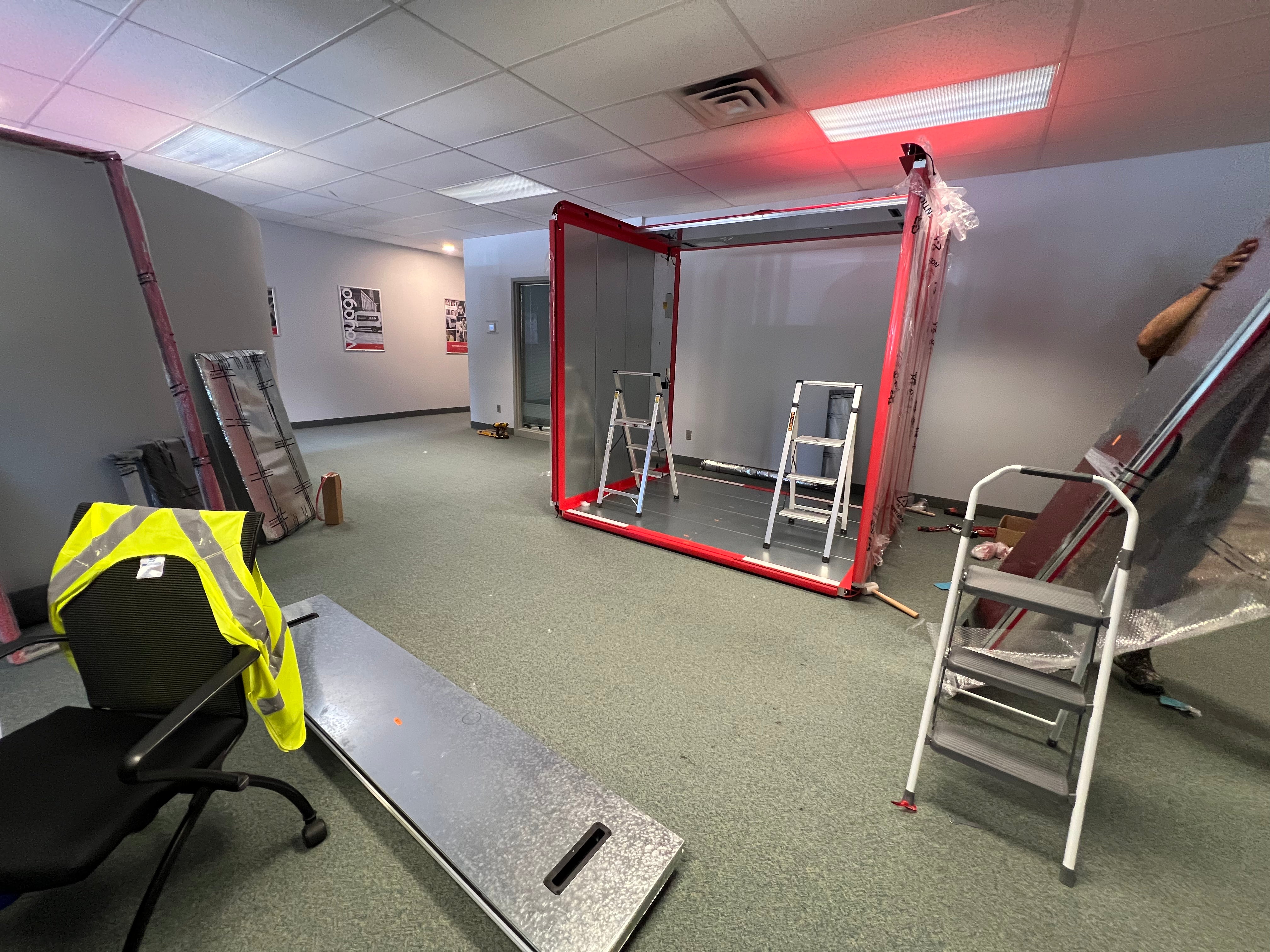 The frame goes together on site. No drilling into your floor, walls, or ceiling.