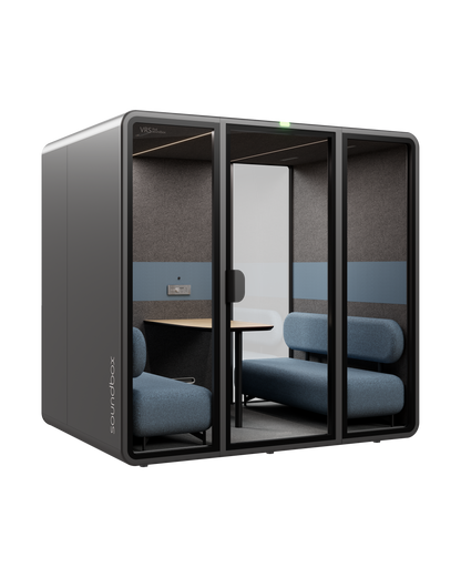 SoundBox VRS Collaborative meeting pod: graphite shell, three glass front panels with a wide centre door, dusty blue sofas and an oak table inside