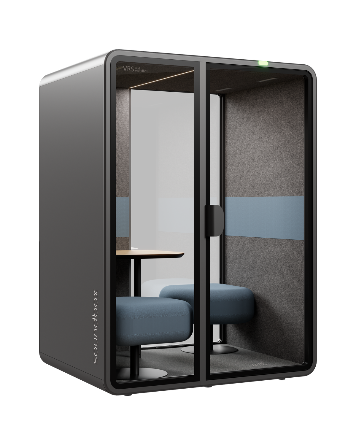 SoundBox VRS Comfort pod: graphite shell, two glass front panels, two dusty blue seats and a small oak table inside