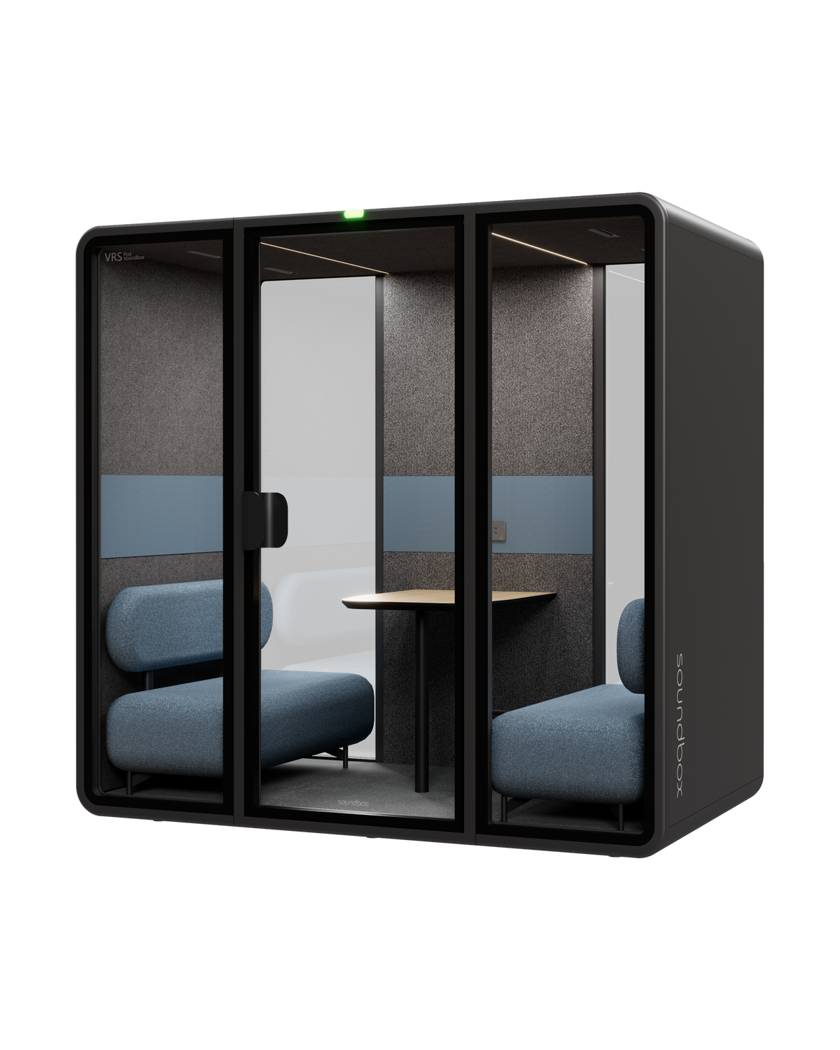SoundBox VRS Double meeting pod: graphite shell, three glass panels with a centre door, dusty blue sofas and an oak table inside