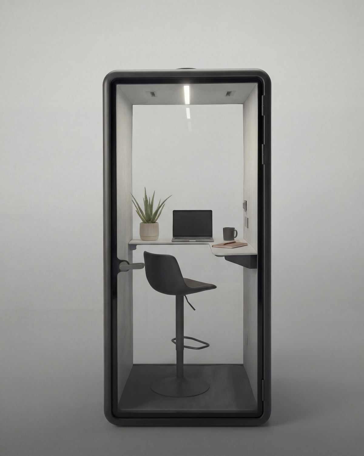 The Single Work Booth layout seen through the glass door, desk shelf and stool ::inside