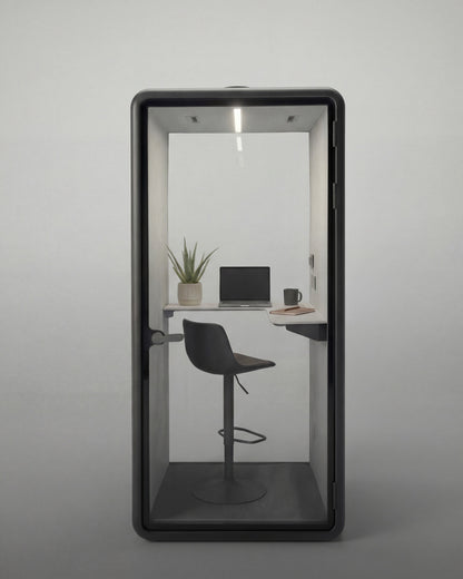 The Single Work Booth layout seen through the glass door, desk shelf and stool ::inside