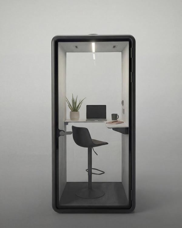 The Single Work Booth layout seen through the glass door, desk shelf and stool ::inside