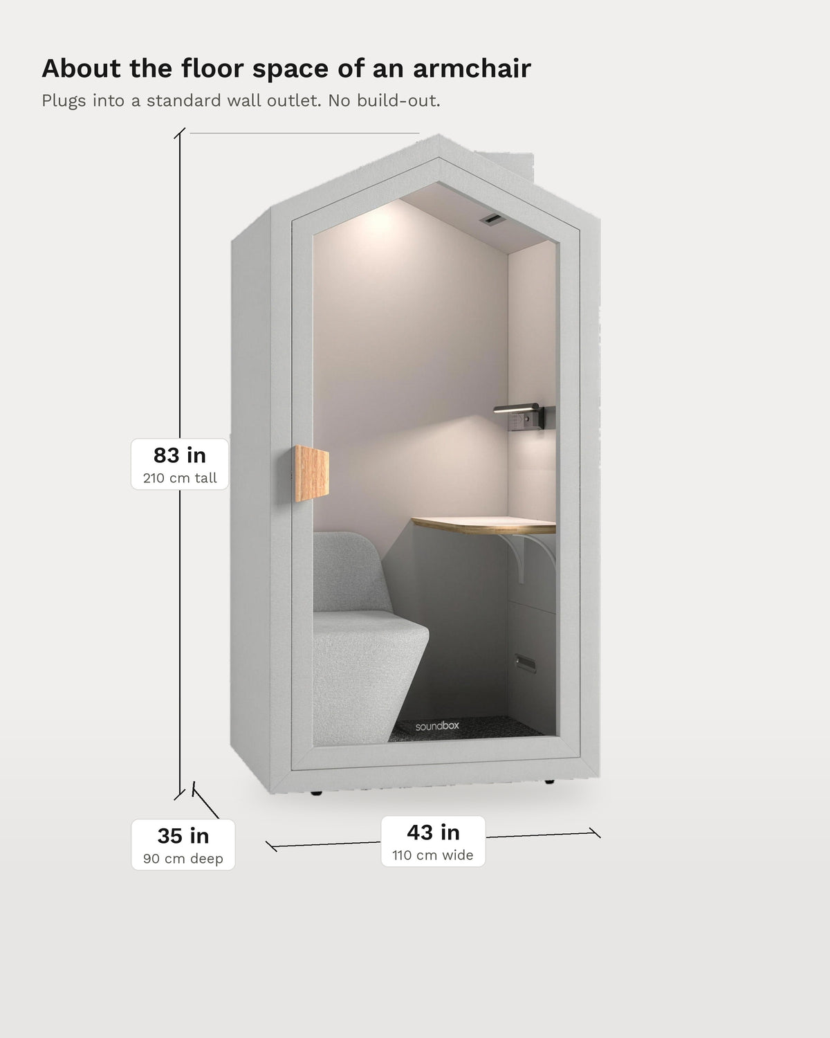 Home Pod dimensions: 43 in wide, 35 in deep, 83 in tall (110 x 90 x 210 cm)