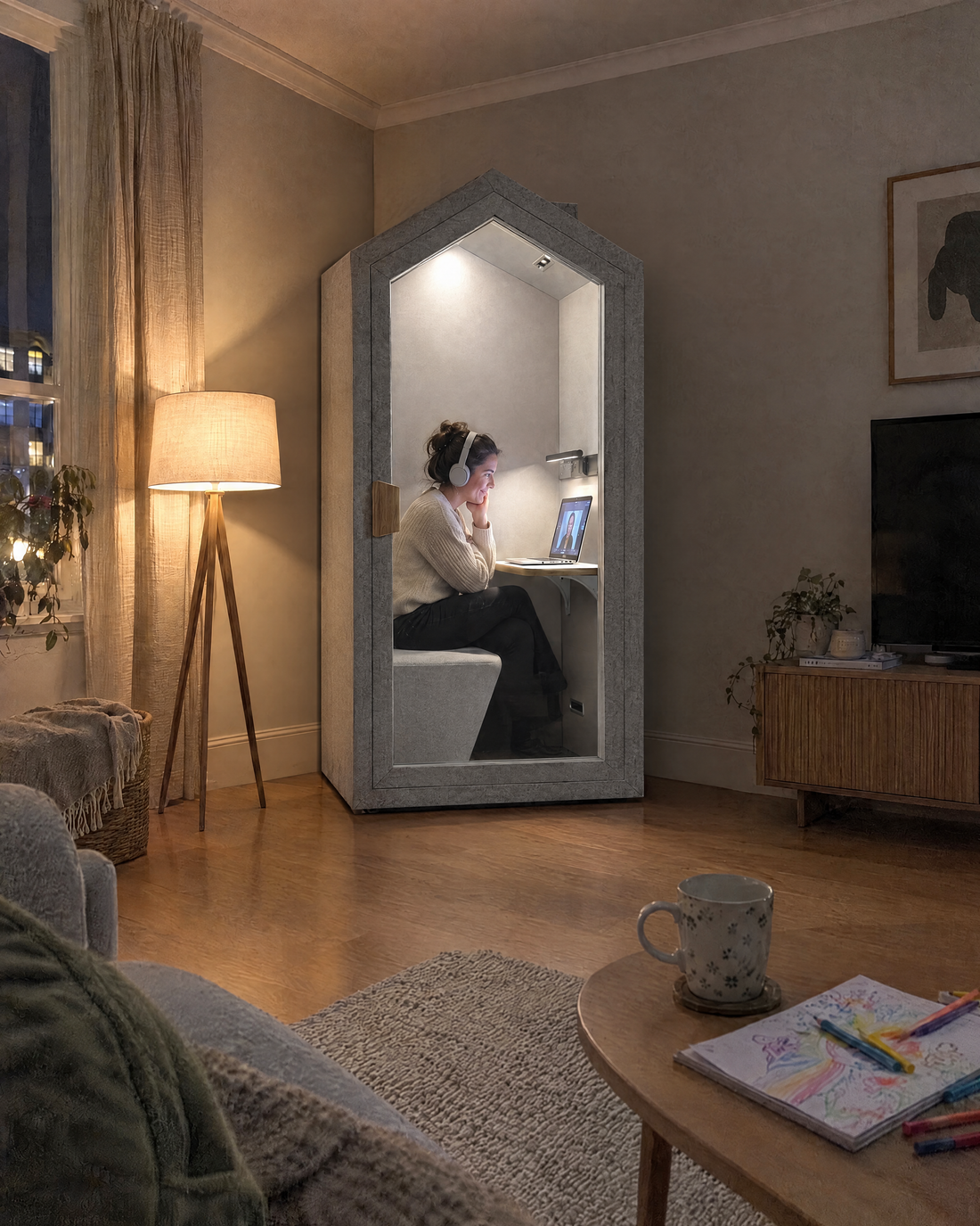 Home Pod lit against a living room wall in the evening, a woman on a late video call inside. Illustration.