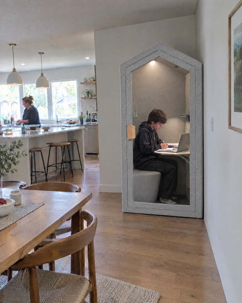 A teenager doing homework inside the Home Pod, set against the wall beside the dining area, a parent in the kitchen behind. Illustration.