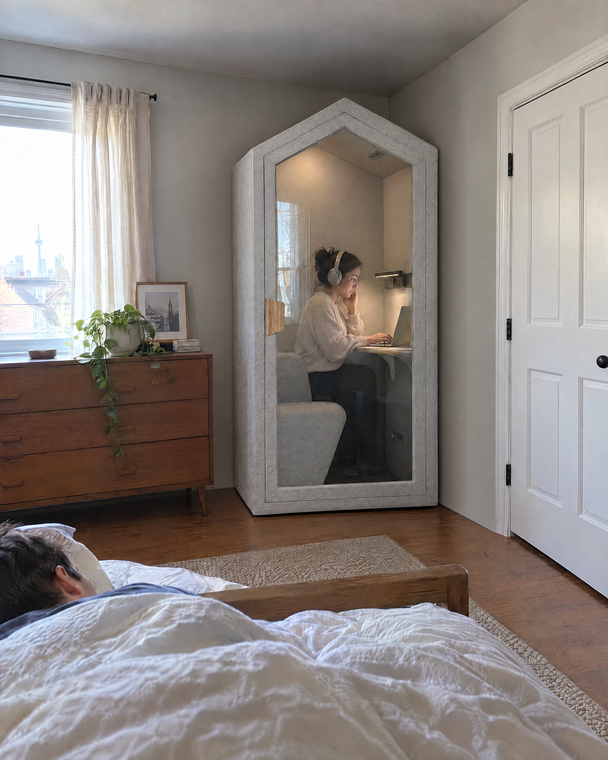 Home Pod against a bedroom wall beside the dresser, a woman on an early call inside while her partner sleeps. Illustration.