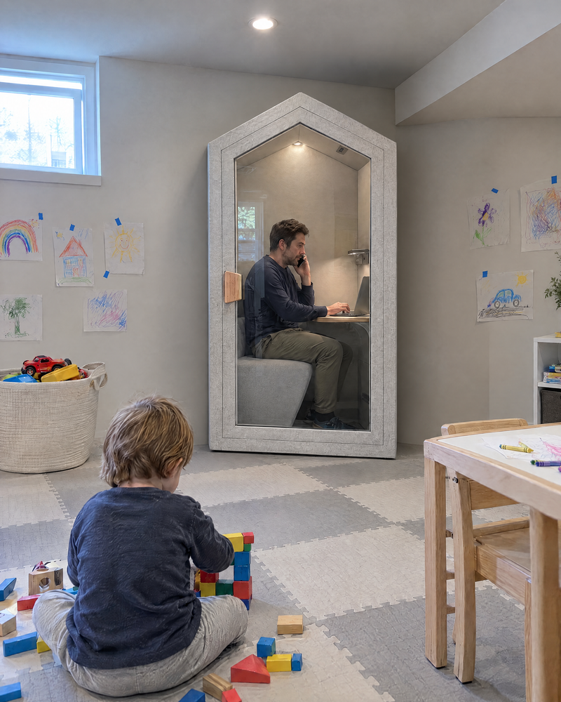 A father on a call inside the Home Pod against a basement playroom wall while his child builds with blocks. Illustration.