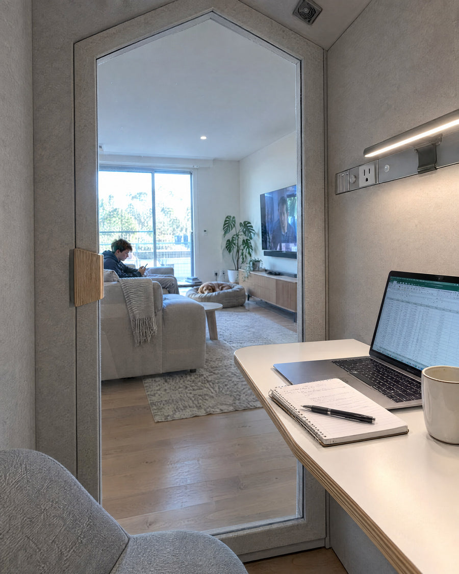 View from the seat inside the Home Pod: laptop on the wall desk, the family living room through the glass door. Illustration.