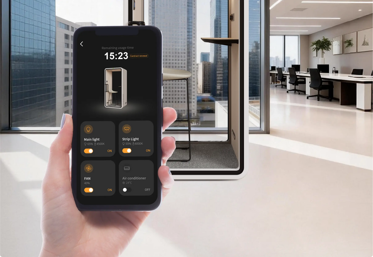 Controlling lighting and airflow in a SoundBox VRS pod from a phone