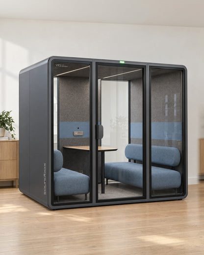 SoundBox VRS Collaborative in a bright office, door closed, green available light on. Illustration.