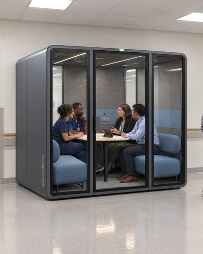 SoundBox VRS Collaborative in a hospital administration area, a staff huddle of four inside. Illustration.