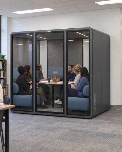 SoundBox VRS Collaborative in a school board office, five educators in a planning meeting inside. Illustration.