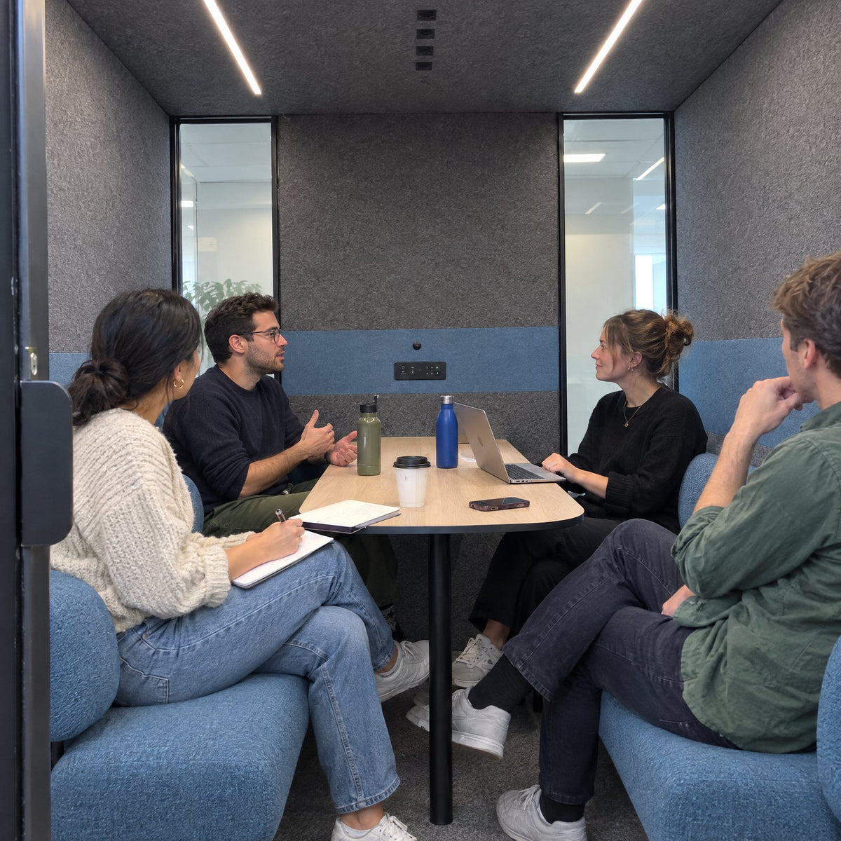 Four colleagues mid-meeting inside a Soundbox VRS Collaborative, seen from the open door, with the felt ceiling, LED strips and ceiling vents above them