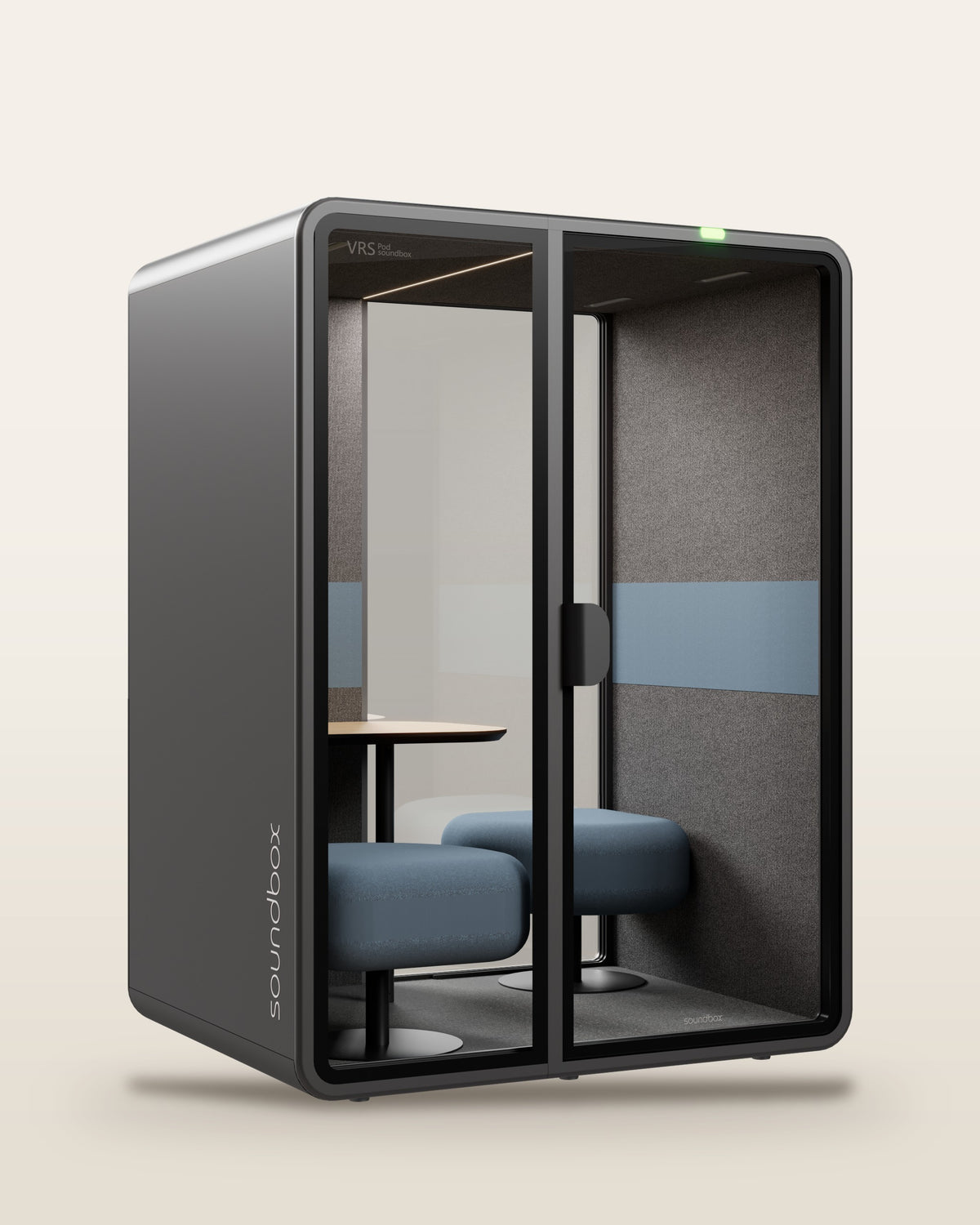SoundBox VRS Comfort pod: graphite shell, two glass front panels with the door on the right, two dusty blue seats and a small oak table inside