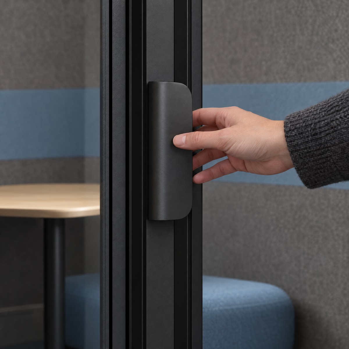 Hand reaching for the flat dark satin door pull at the centre mullion of a SoundBox VRS Comfort. Illustration.