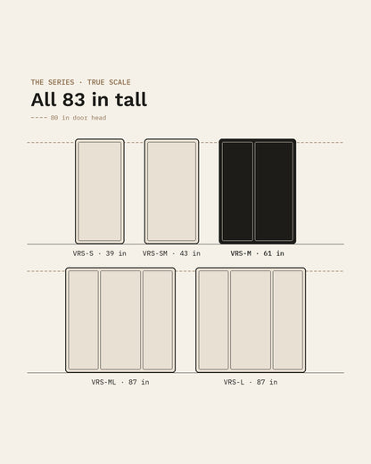 The five SoundBox VRS pods drawn to true scale, all 83 inches tall, with the VRS Comfort highlighted at 61 inches wide