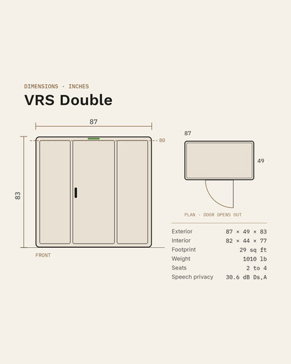 SoundBox VRS Double dimensions: 87 by 49 by 83 inches outside, 82 by 44 by 77 inside, 29 sq ft footprint, 1010 lb, seats 2 to 4, 30.6 dB Ds,A speech privacy
