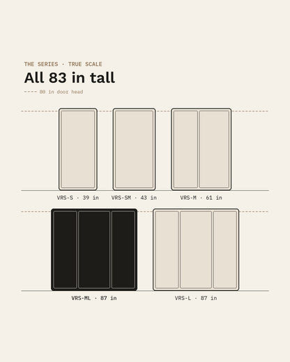 The five SoundBox VRS pods drawn to true scale, all 83 inches tall, with the VRS Double highlighted at 87 inches wide