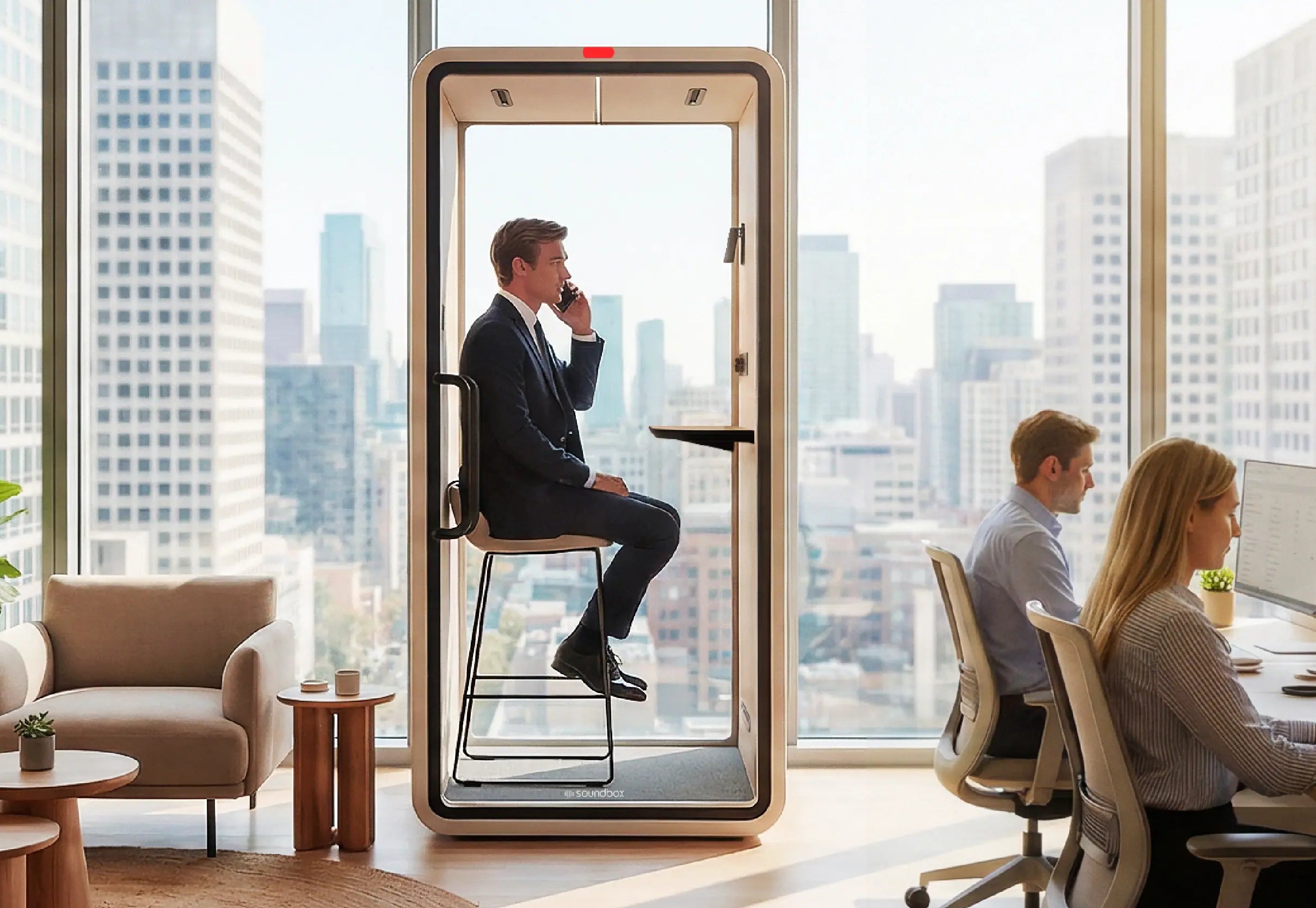 A SoundBox VRS pod in a corner office with a city view behind it