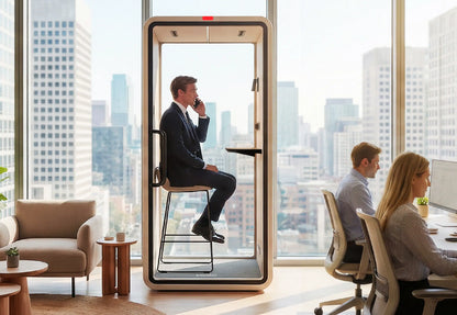 A SoundBox VRS pod in a corner office with a city view behind it