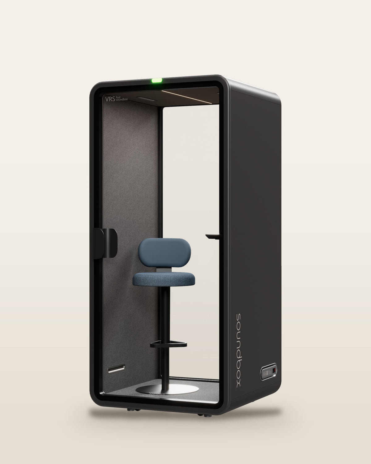 SoundBox VRS Single phone booth: graphite shell, full-height glass door, dusty blue bar stool and oak desk shelf inside