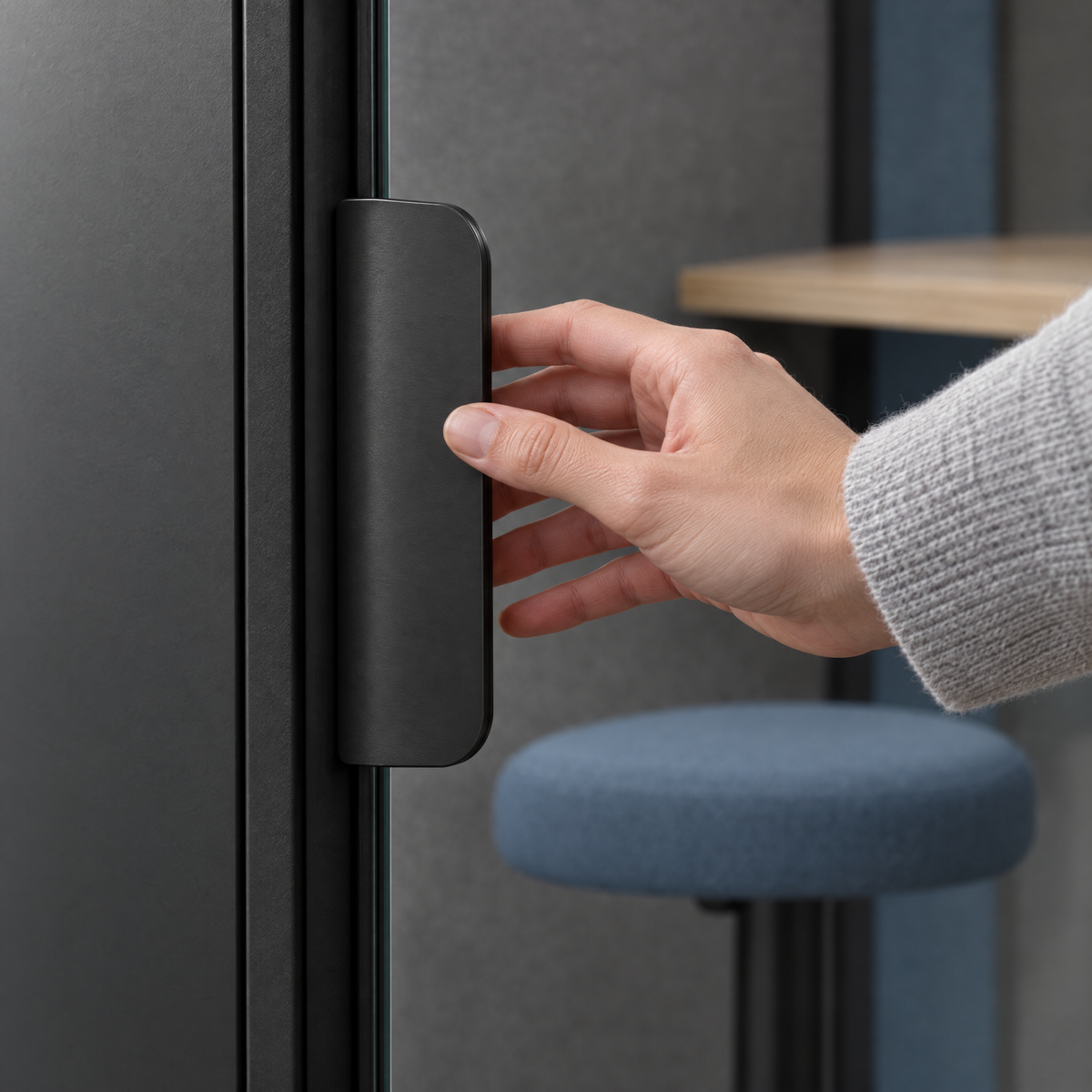 Hand reaching for the flat dark satin door pull of a SoundBox VRS Single. Illustration.