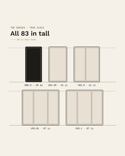 The five SoundBox VRS pods drawn to true scale, all 83 inches tall, with the VRS Single highlighted at 39 inches wide