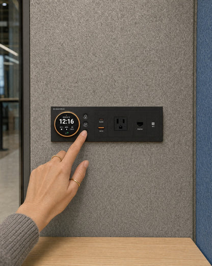 Phone-sized SoundBox control panel at the front of the right wall inside the VRS Single: display, light and fan buttons, USB-C, USB-A, outlet, Ethernet and NFC